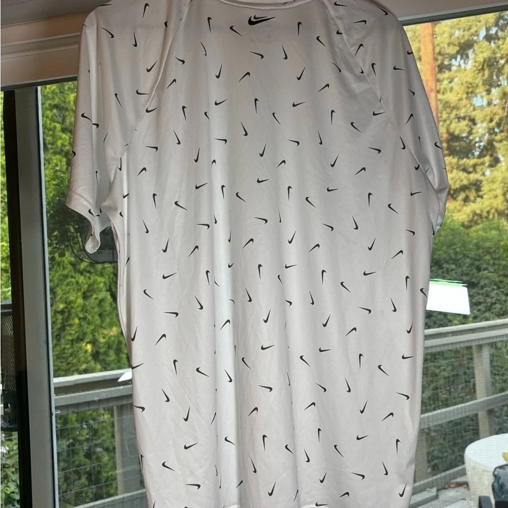 Nike Dri-FIT Men’s Large White T-Shirt All Over Black Swoosh Print Activewear